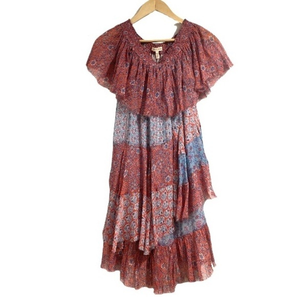 Rebecca Taylor dress patchwork tiered raw hem off the shoulder lined‎ 0 silk - Picture 4 of 9